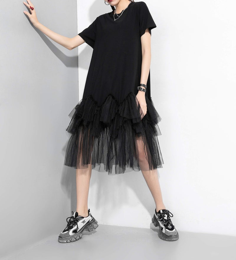 ellazhu Women's Casual Short Sleeve Crew Neck Tutu Tulle Dress with an Oversized Fit GY2266 Black - Image 5